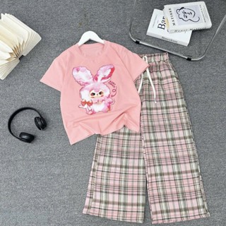  Set bộ bé gái áo thun kèm quần kẻ caro fom rộng in hình baby three cute chất vải cotton su mềm mịn cho bé 15-45kg Mã 01 