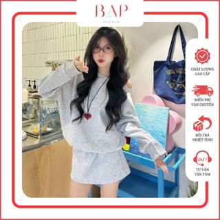 Set Bộ Áo Váy Nỉ Trễ Vai Bo Gấu Hoặc Áo Quần Ống Loe 2 Màu Xám Và Đỏ Chất Nỉ 2 Da Cao Cấp Co Dãn BAP STUDIO