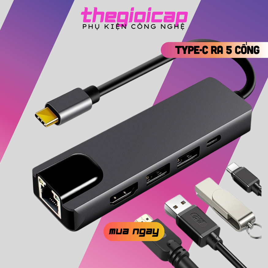 Cáp USB Type-C Ra 5 Cổng HDMI 4K, USB 2.0 Và RJ45