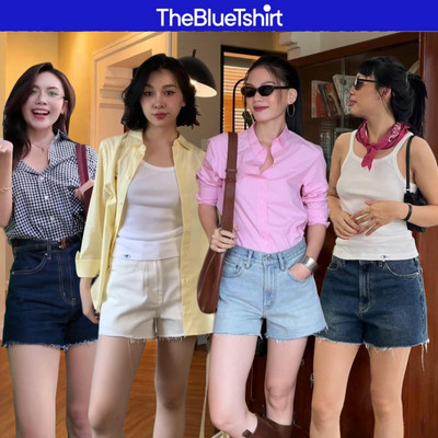 TheBlueTshirt - Quần shorts jean lưng cao lai tưa cho nữ - Golden Hour Shorts - Women