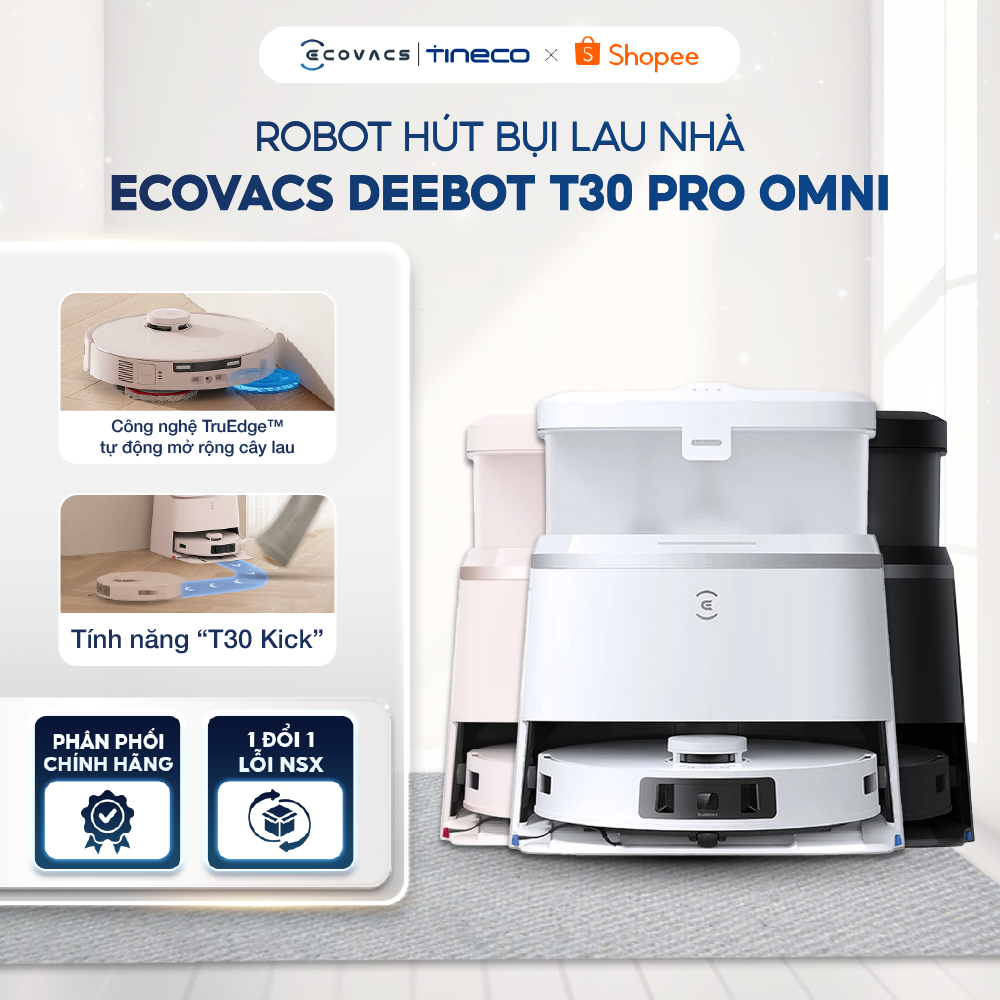 Robot hút bụi lau nhà Ecovacs Deebot T30 Pro Omni lực hút mạnh 11000Pa tự làm sạch đa năng