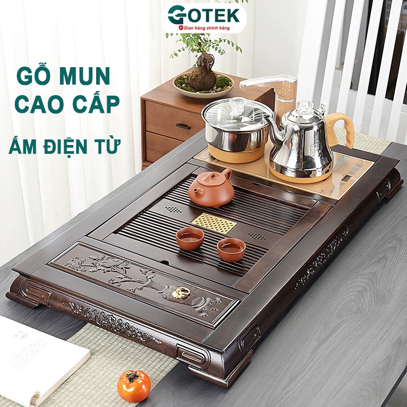 Bàn Trà Điện Thông Minh GOTEK Teapot BT01 Gỗ Mun Chạm Khắc Tinh Xảo Kèm Bếp Điện