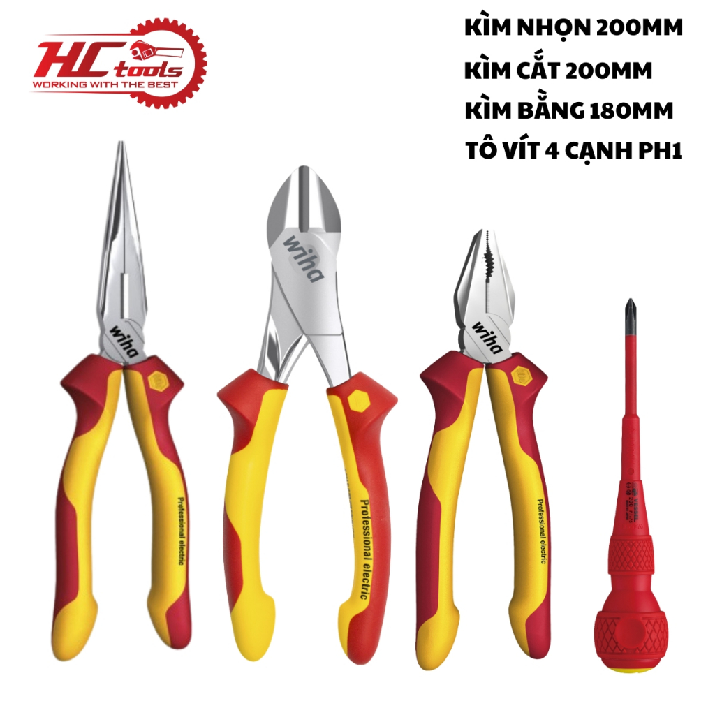 Combo 3 kìm Wiha cán cách điện 1000v (26727 + 41279 + 26708) + Tặng tô vít Ph1 Vessel 200+1x75