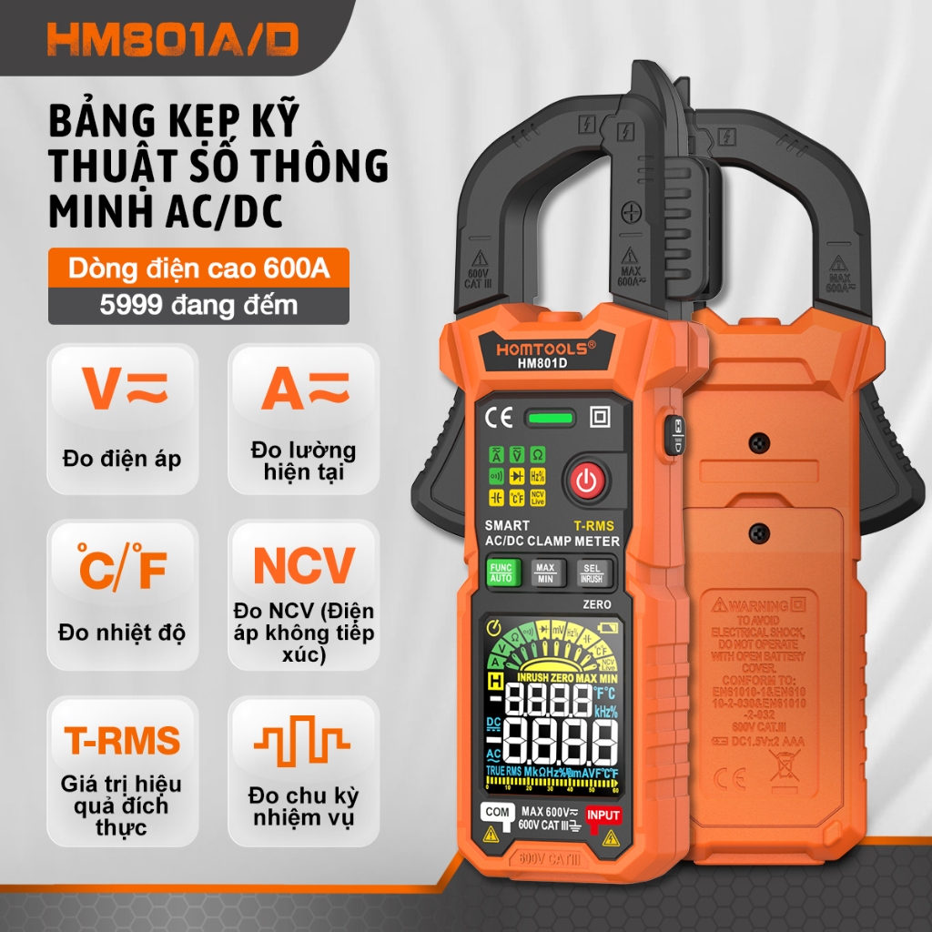 HOMTOOLS HM801 Kẹp kỹ thuật số Đa đo 600A AC / DC Dòng điện và 600V AC / DC Máy kiểm tra điện áp Kẹp