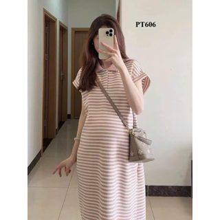 Đầm bầu thun hồng kẻ, váy bầu hồng dáng suông, form rộng phong cách năng động[ĐẦM BẦU THỎ]PT606