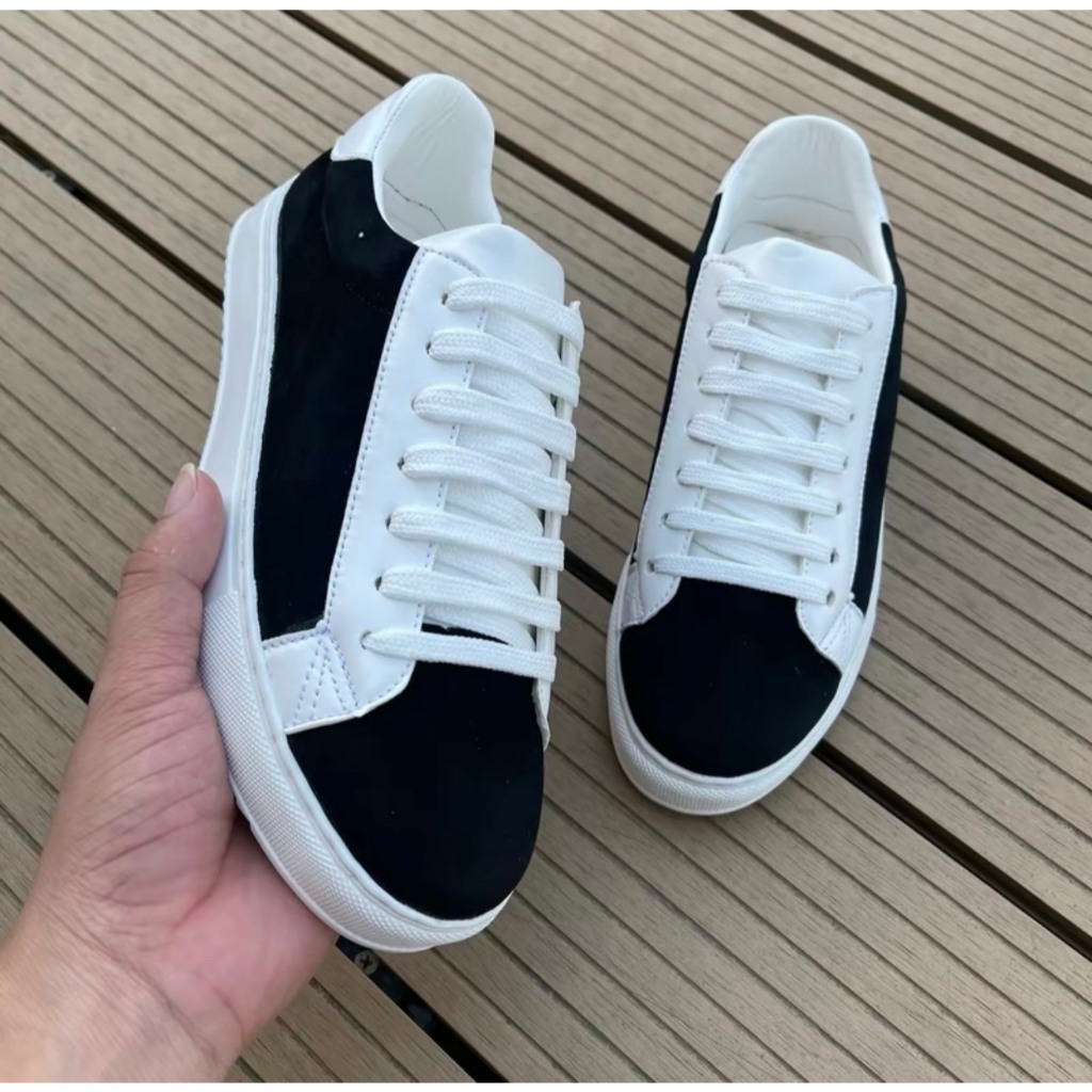 Giày bata phối da nhung hàng quảng châu, giày bata nam đế khâu tăng chiều cao màu đen trắng (Mã: bat