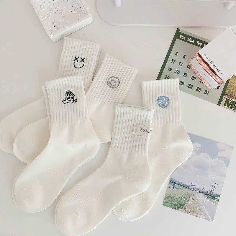 Set 5 Đôi Vớ/ Tất Nữ Cổ Cao Cotton Mặt Cười Hình Cute Phong Cách Hàn Quốc H9