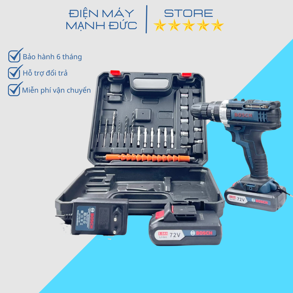 Máy Khoan Pin Bosch 72v, Khoan Pin 3 Chức Năng Tặng Kèm Phụ Kiện 24 Chi Tiết