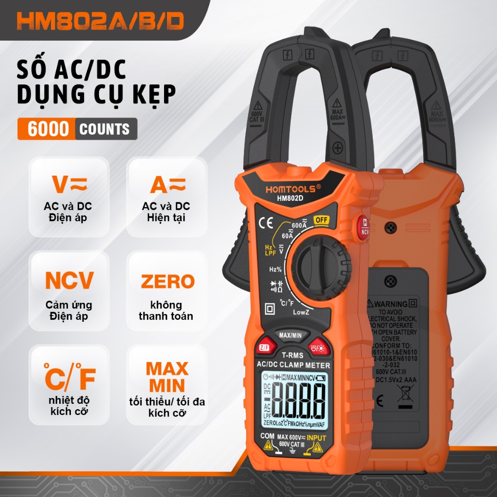 HOMTOOLS HM802 Máy đo kẹp kỹ thuật số 600V AC / DC 600A Ammeter Dòng điện tự động phạm vi đa đo Máy 
