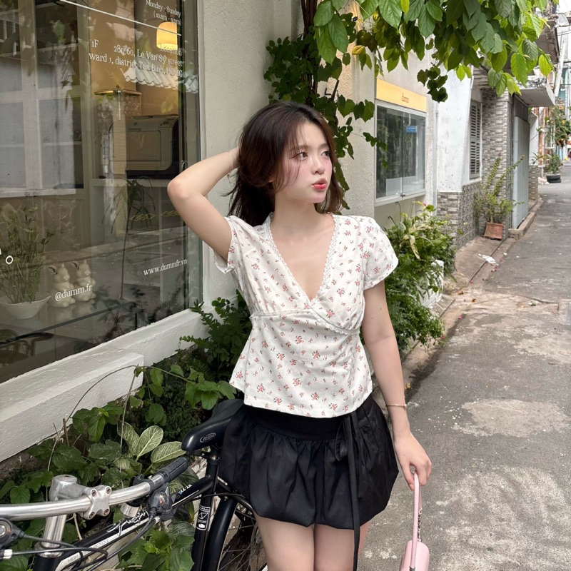 Áo cọc tay Flower, Áo nữ tay ngắn cổ V phối ren | BigBuy360 - bigbuy360.vn
