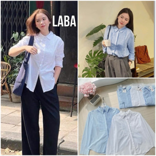 Áo Sơmi Nữ Dài Tay Laba 2 Mầu Xanh Trắng Chất Thô Lụa Siêu Xinh