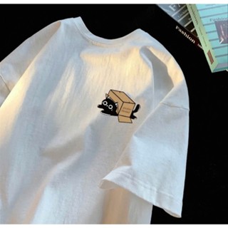 Áo thun phông nữ nam 3158 unisex from rộng to chất liệu cotton khô KONOVA in hình mèo hộp