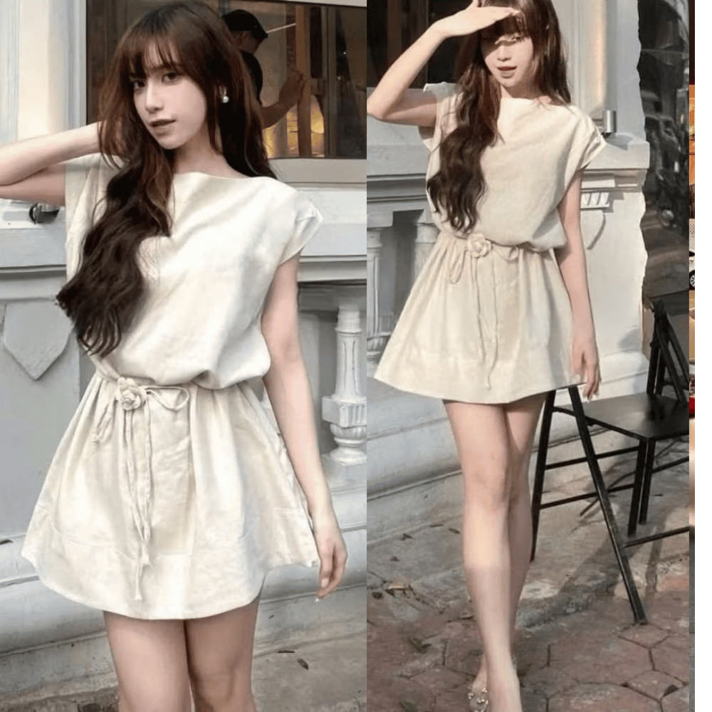 Váy Linen Váy Cách Điệu Chiết Eo Dáng Ngắn Kèm Hoa