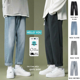 Quần jean nam cạp cao ống suông rộng HELLOYOU, quần bò baggy nam phom xuông chất jeans mềm, dày dặn xu hướng 2023