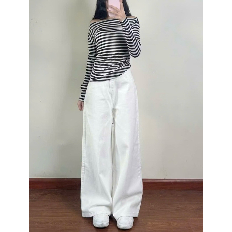 Quần jeans trắng dáng suông lưng cao chất bò dày ống rộng phong cách Hàn Quốc