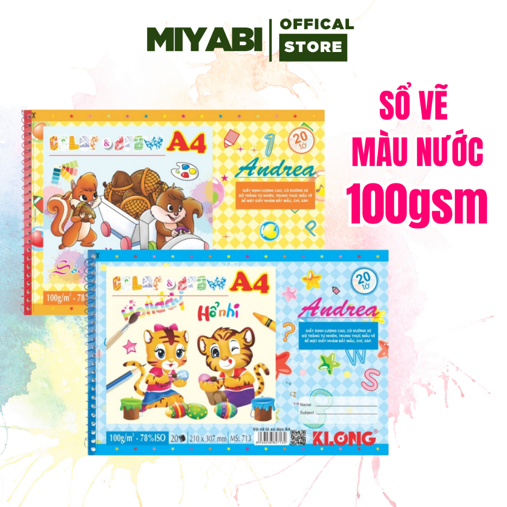 Sổ vẽ lò xo cho bé A4 Klong 100gsm 20 tờ/40 trang sổ vẽ lò xo màu nước học sinh MIYABI STORE