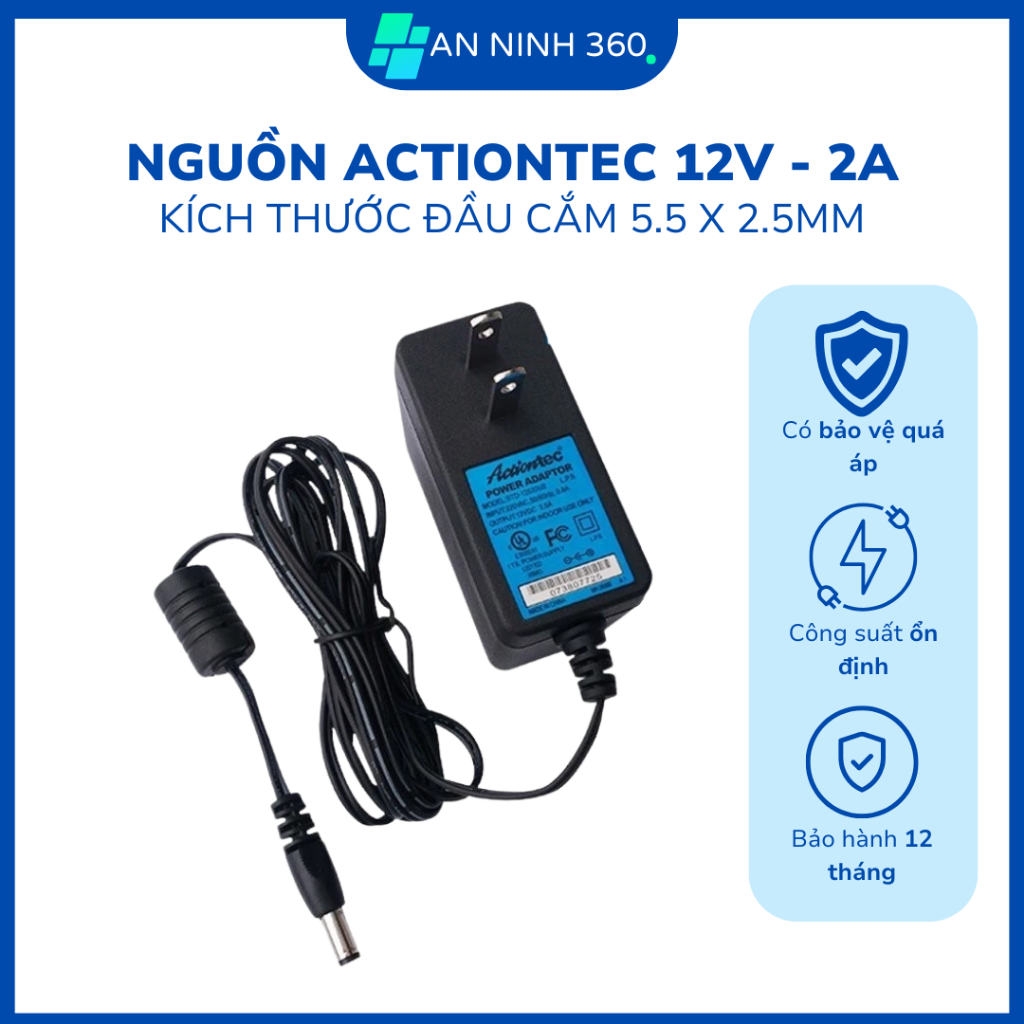 Nguồn 12V 2A Actiontec đủ công suất, có đèn LED cho Camera và thiết bị mạng, Bảo hành 1 năm | C03