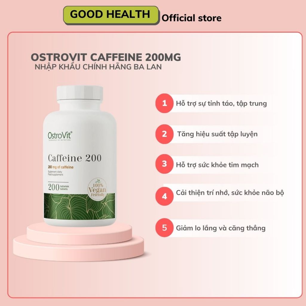 Ostrovit Caffeine 200mg - Viên uống giúp tăng cường tỉnh táo, tập trung, giảm mệt mỏi, buồn ngủ