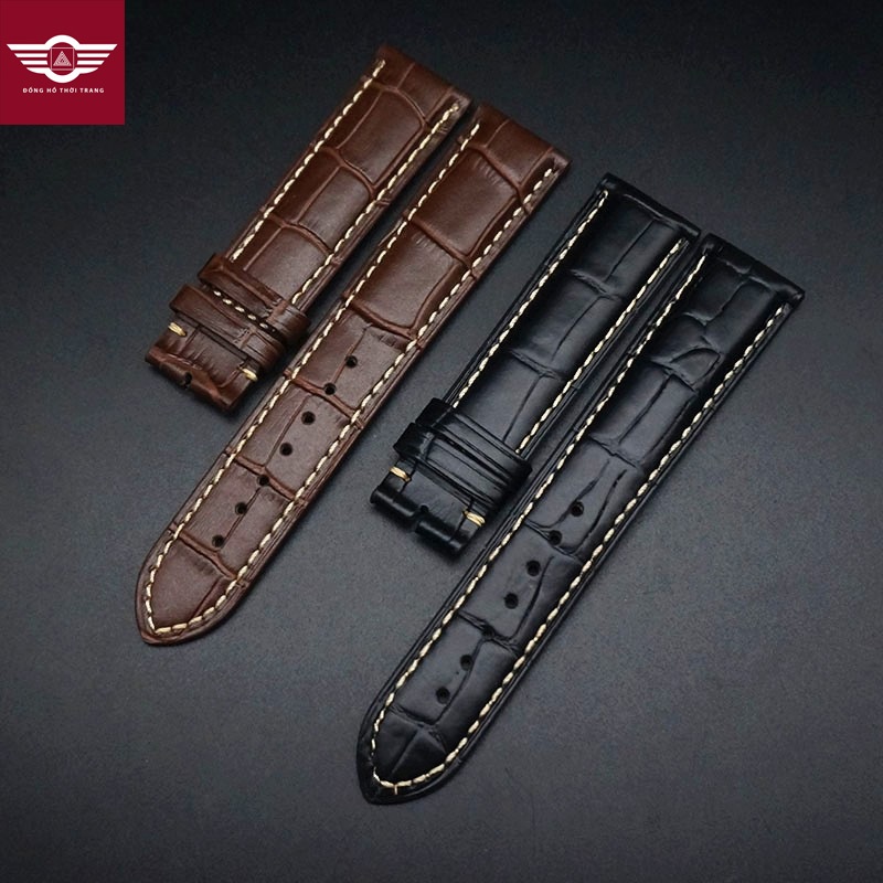 Dây da bò, cá sấu may thủ công cao cấp chỉ trắng size 18mm19mm 20mm 21mm 22mm