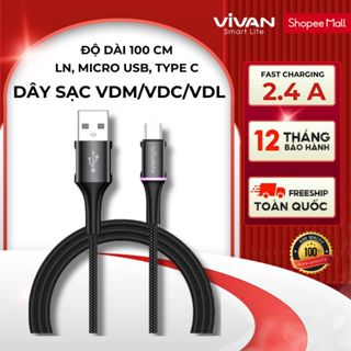 [BH 1 Năm] Dây sạc MicroUSB/ TypeC/ Lin VIVAN VDM/VDC/VDL 2.4A Thân cáp bọc dù, Dài 100cm/ 120cm - Hàng Chính Hãng