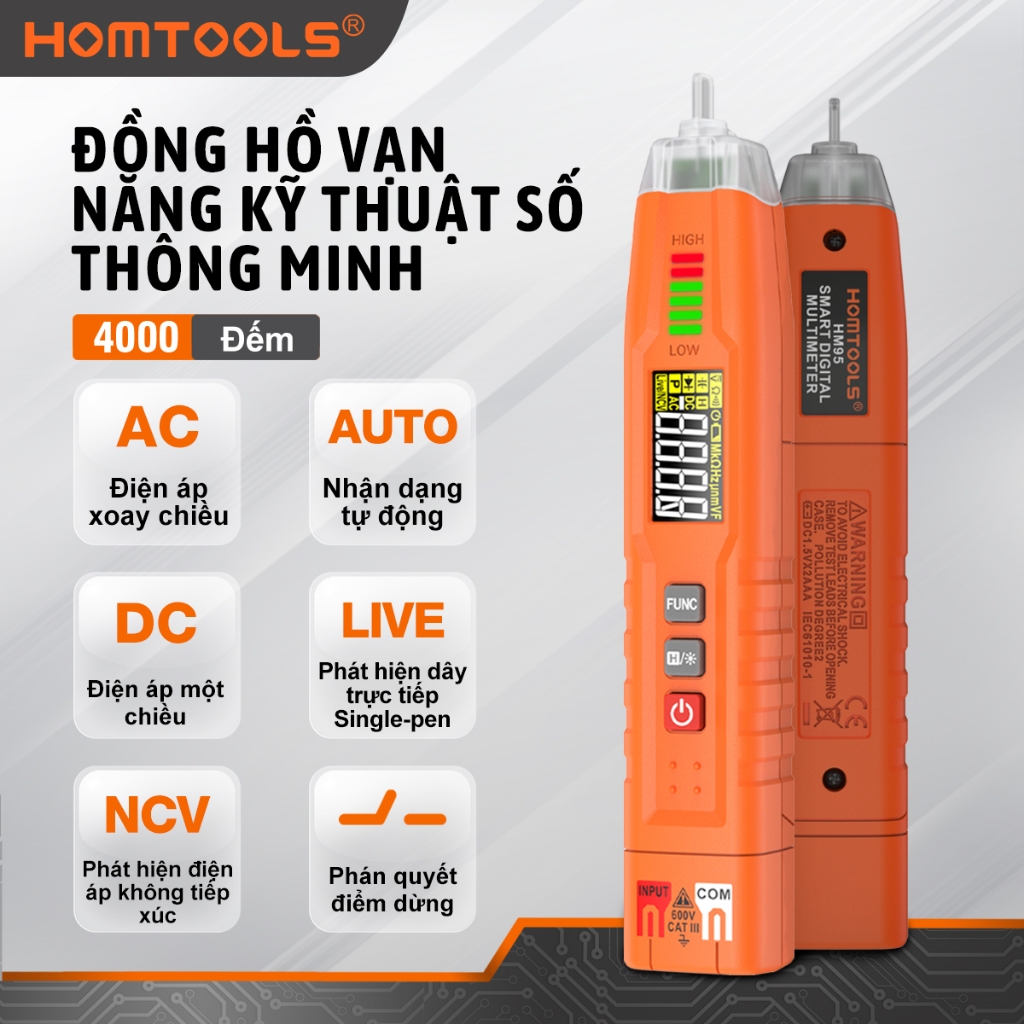 HOMTOOLS HM95 Kiểu bút đa số thông minh 600V AC / DC 4000 Đếm Phát hiện chuỗi pha NCV Phạm vi đa số 