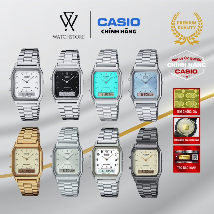 Đồng Hồ Unisex Casio AQ-230 Vintage Mặt Vuông Dây Kim Loại Chống Nước