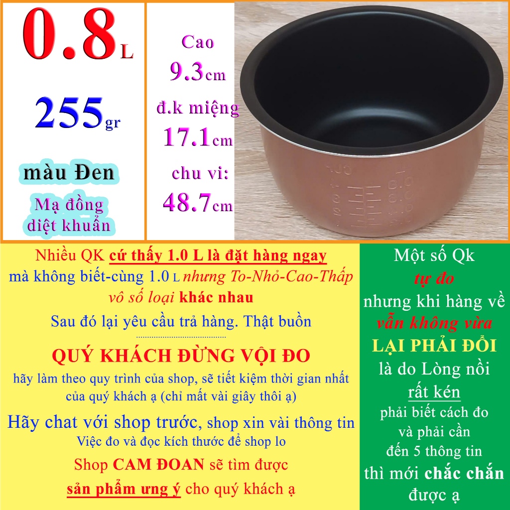 Lòng nồi cơm điện 0.8 L SIÊU DẦY chống dính màu Đen, ngoài mạ Đồng diệt khuẩn, nặng 255 gr