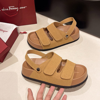 Dép sandal nữ đế cao 4-5cm da phối nỉ 2 quai dán thời trang cao cấp