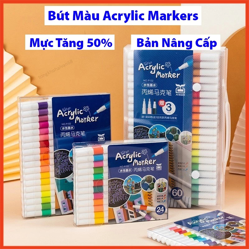 Bút Màu Acrylic Marker 12/24/36/48/60 Cao Cấp Màu Sắc Tươi Sáng- Hộp 48 Bút Màu Vẽ 100 Màu Acrylic M