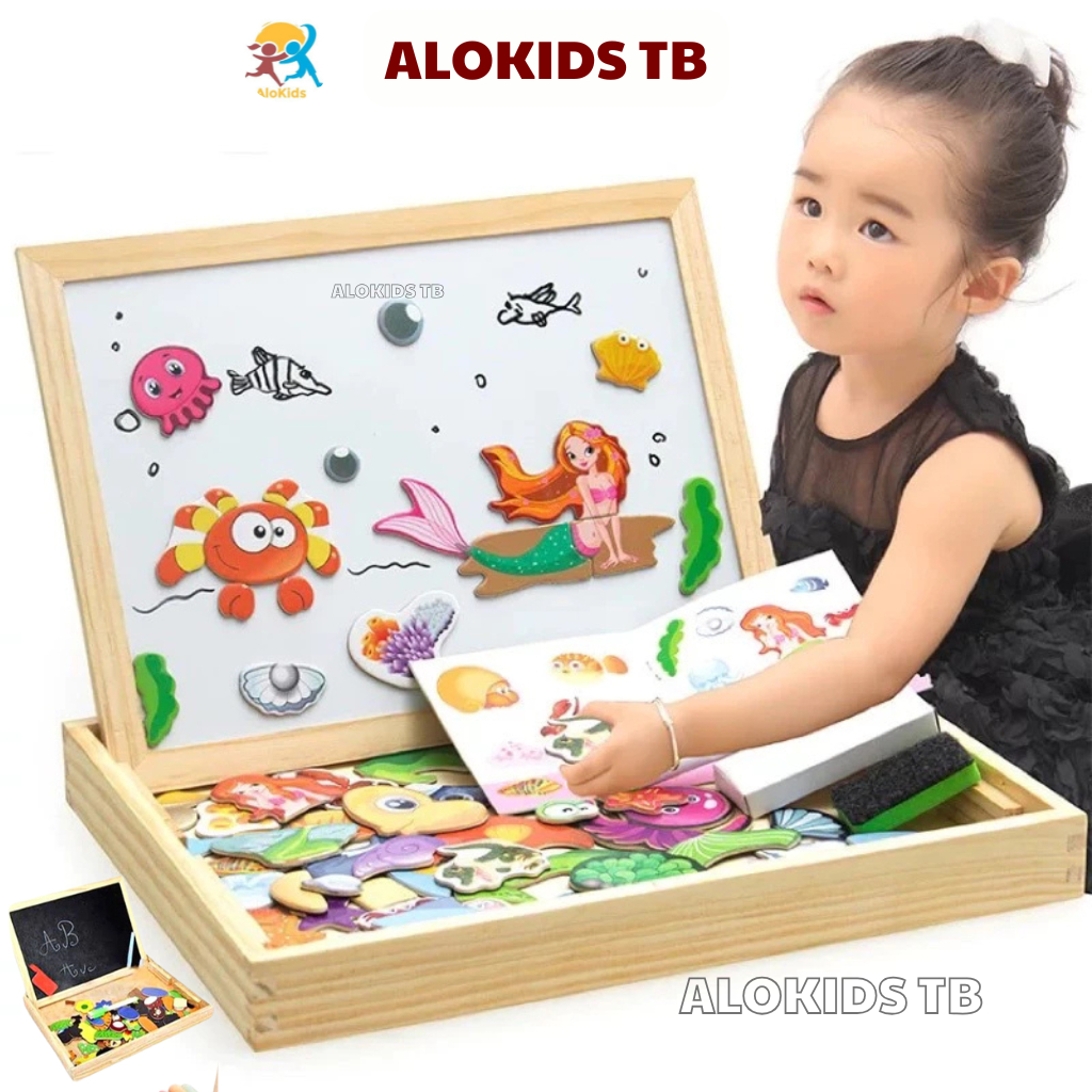 Đồ Chơi Bảng Ghép Tranh 2 Mặt Gỗ Nam Châm Alokid Hàng Loại 1 Kèm Bút Xóa Giúp Bé Phát Triển Toàn Diện