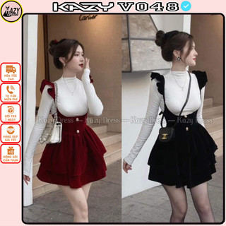 Set nhung yếm cánh tiên phối áo len tăm cổ thuyền,váy xinh sang chảnh siêu xinh KAZYDRESS V048