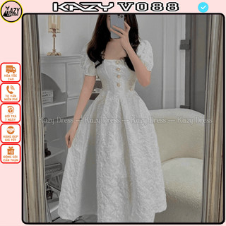 Váy xốp gấm dự tiệc đính cúc siêu sang chảnh phong cách tiểu thư KAZY DRESS V088
