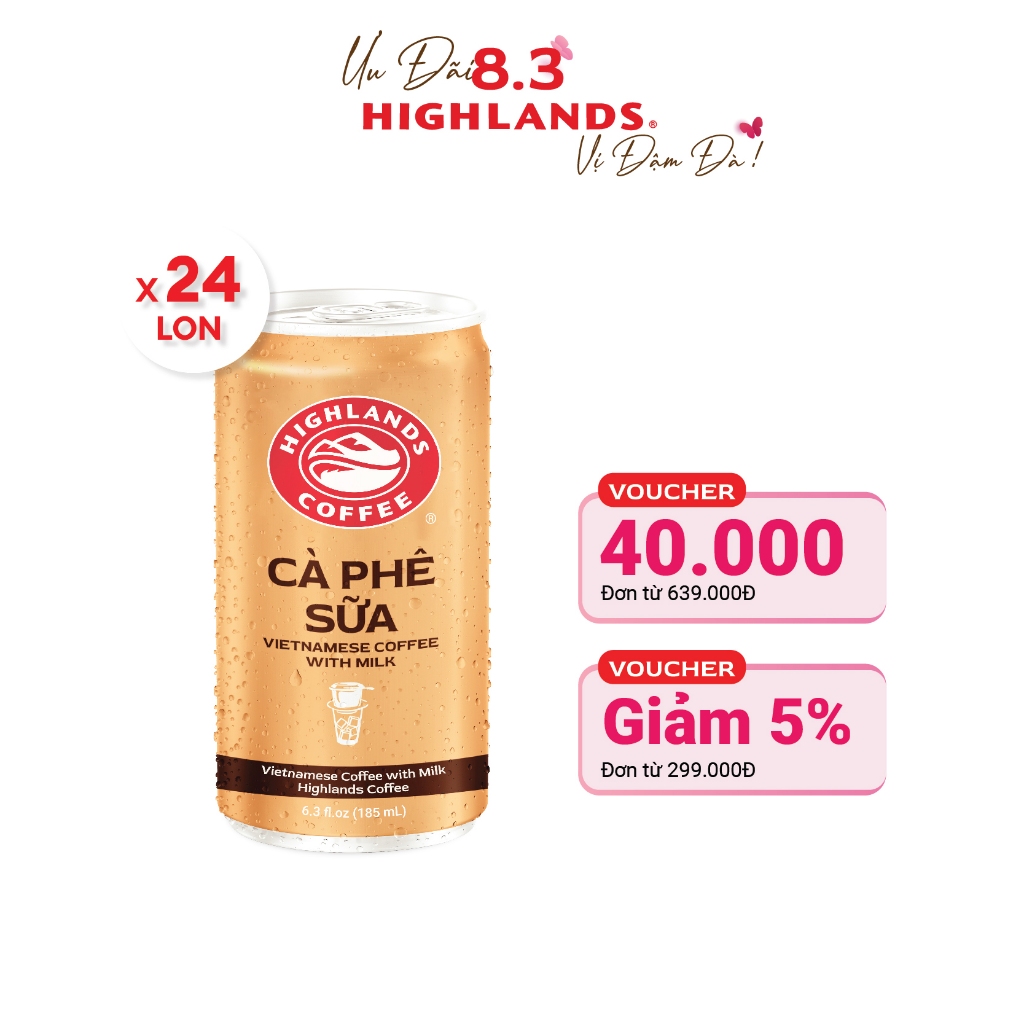 Thùng 24 Lon Cà Phê Sữa Đá Highlands Coffee 185ml/lon - Duy nhất 25.3