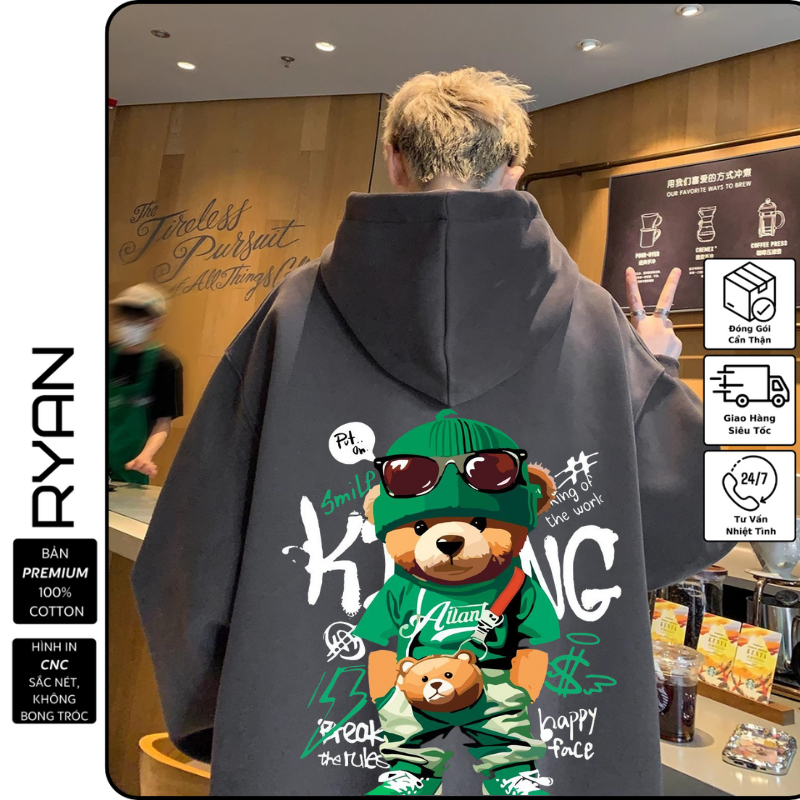 Áo Hoodie RYAN BEAR MISION Nam Nữ form rộng, Chất nỉ ngoại cotton cao cấp, dày dặn Ryan.store