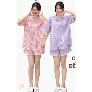 Bộ Đồ Ngủ Nữ Kẻ Caro Chất Liệu Đũi Xốp Mềm Mịn Thoáng Mát. Bộ Ngủ Cộc Tay Form Rộng Nhiều Màu Sắc Mặc Ở Nhà 4 Mùa