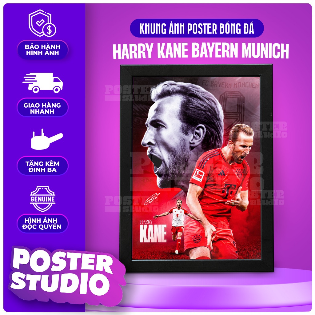 Khung ảnh poster Harry Kane Bayern Munich gồm 2 kích thước để bàn A5 (18cm x 24cm), treo tường A4 (2