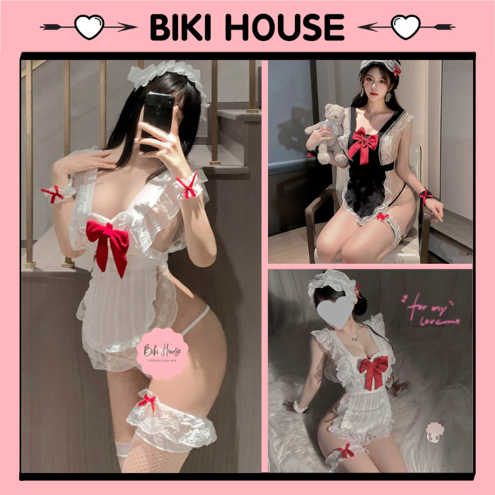 Bộ cosplay cô hầu gái phối nơ đỏ đáng yêu quyến rũ đồ ngủ nữ giúp việc kèm phụ kiện gợi cảm dễ thương BIKI HOUSE N877