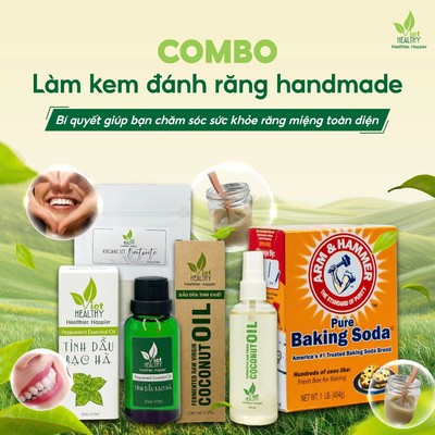 Combo Làm kem đánh răng handmade: Dầu dừa 100ml + Khoáng sét 100g + Tinh dầu bạc hà + Baking soda