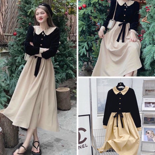 [FREESHIP] Đầm midi nhung đen phối cổ sen nude diện noel/tết NÀNG CLOSET