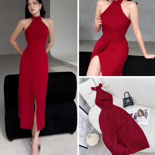 [FREESHIP] Đầm midi đỏ cổ cổ yếm tà xẻ diện giáng sinh/tết NÀNG CLOSET