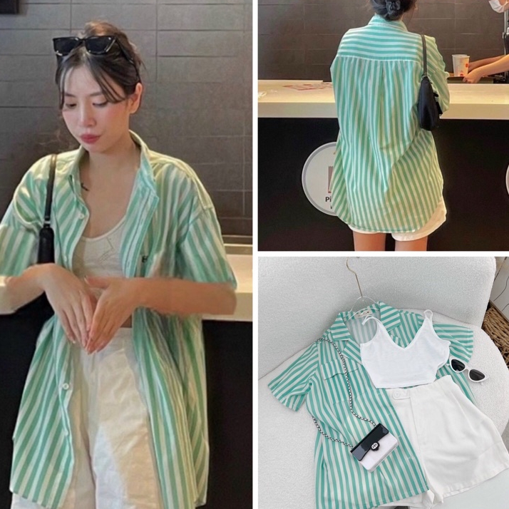 [FREESHIP] SET 3 món Áo Blazer tay ngắn kẻ sọc xanh kèm Áo Croptop 2 dây và Quần Short trắng NÀNG CL