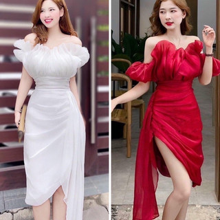 [FREESHIP] Đầm voan đỏ trễ vai tà lệch đi tiệc NÀNG CLOSET
