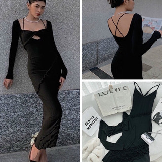 [FREESHIP] SET Đầm midi 2 dây đen chéo lưng viền bèo kèm Khoác crop xoắn tay dài NÀNG CLOSET