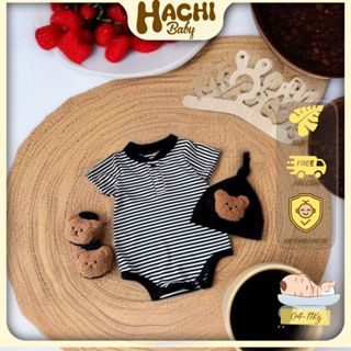 Set body sọc ngang kèm nón và tất,bodysuit mặc đầy tháng, thôi nôi bé trai từ 04 đến 10kg Hachi Baby