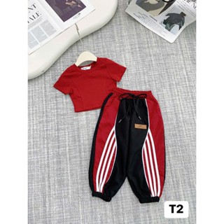 Set Bộ 2 Màu Áo Croptop Chất Cotton Tàu ,Quần Ống Bo Sọc Viền Nổi Chất Thô Kaki Cho Bé Gái [QiQi T2]