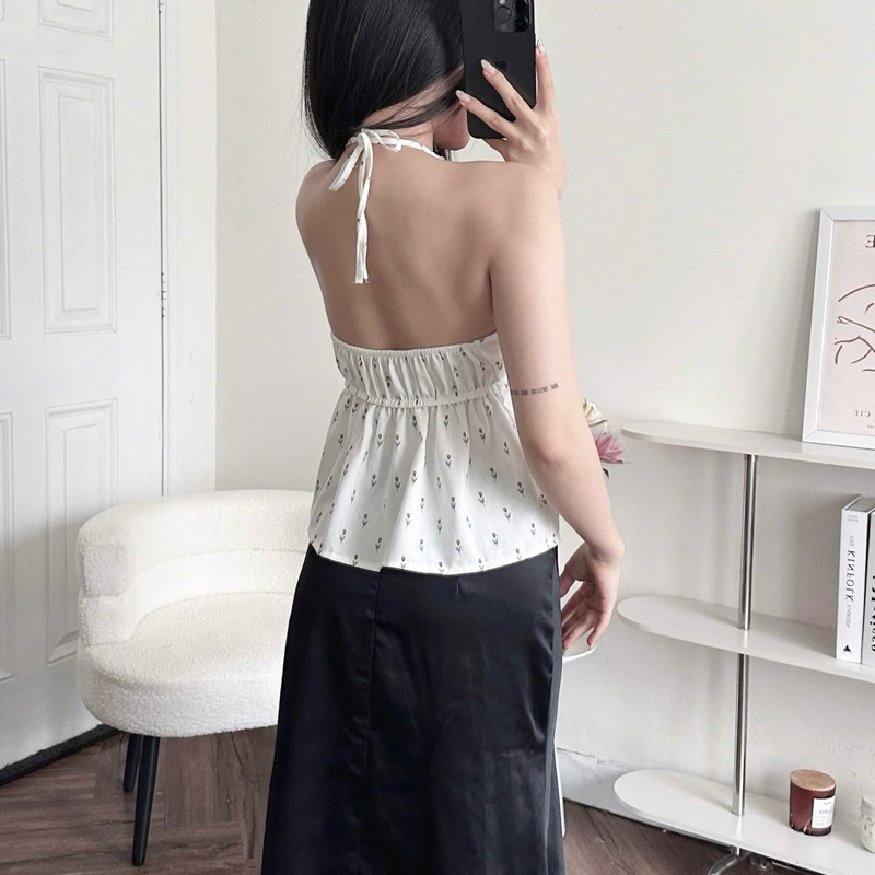 Áo Yếm Nữ Hở Lưng Hoa Nhí Cột Dây Sẵn Đệm Mút Chất Linen | BigBuy360 - bigbuy360.vn