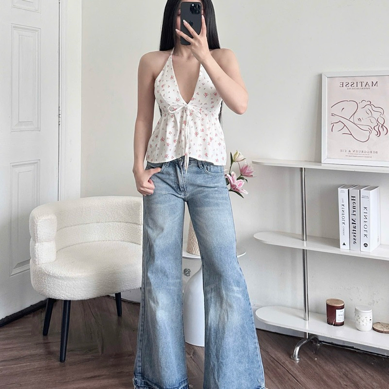 Áo Yếm Nữ Hở Lưng Hoa Nhí Cột Dây Sẵn Đệm Mút Chất Linen | BigBuy360 - bigbuy360.vn