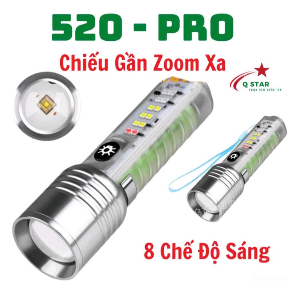 Đèn Pin 520A Pro Chiếu Gần Zoom Xa có nam châm 8 chế độ sáng Kháng Nước