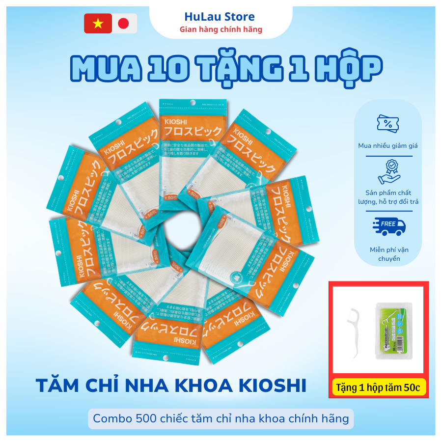 (Combo 10 gói 500 chiếc ) Tăm chỉ nha khoa Kioshi Nhật Bản chỉ kẽ răng sợi nhỏ giúp vệ sinh răng miệng chuẩn chính hãng.