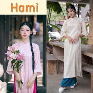 Áo dài cách tân nữ dáng suông Hami 2 tà cổ sen đính nơ tay loe cách điệu vải lụa gấm hàng may sẵn mặc lễ tết cưới hỏi